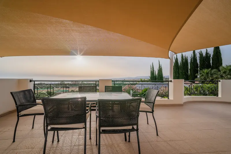 Rooftop terrace with amazing panoramic view and dining facility for six. In the warmer months, we put up large sun shade sails to provide shade on the roof.