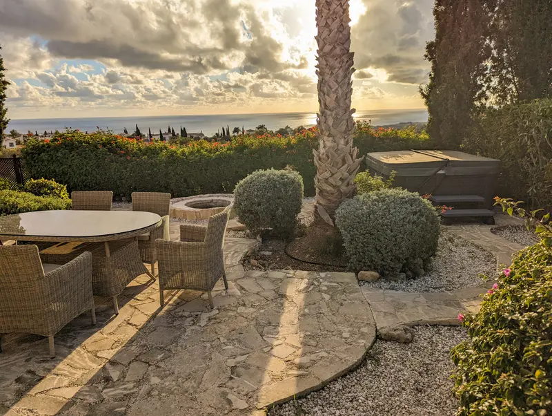 The hot tub is situated so that you have both privacy and incredible views of the Mediterranean.